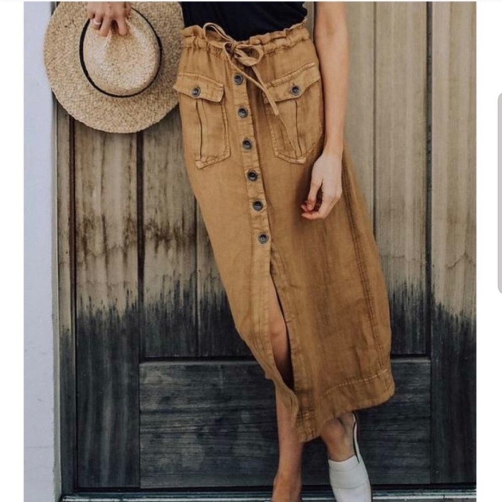 Free People Neutral Tan Button-Front Midi Skirt with Drawstring Waist XS
